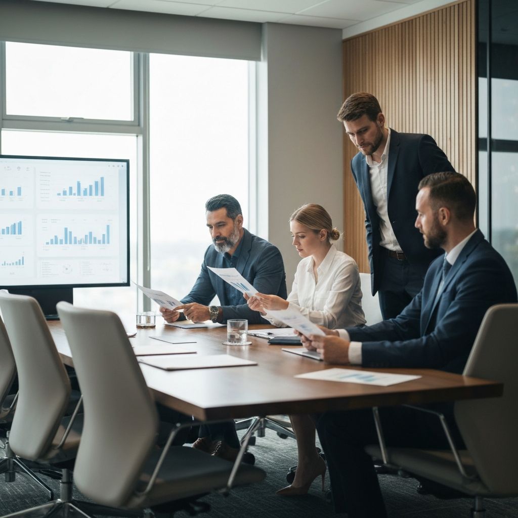 Equipo de consultores analizando datos de gestión en una sala de reuniones moderna